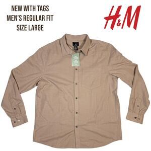 H&M Button Down Long Sleeve Shirt Men's Large Regular Fit Tan Twill Casual‎ NWT